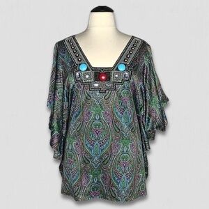 Elegant Paisley V-Neck Dress with Jewel Details